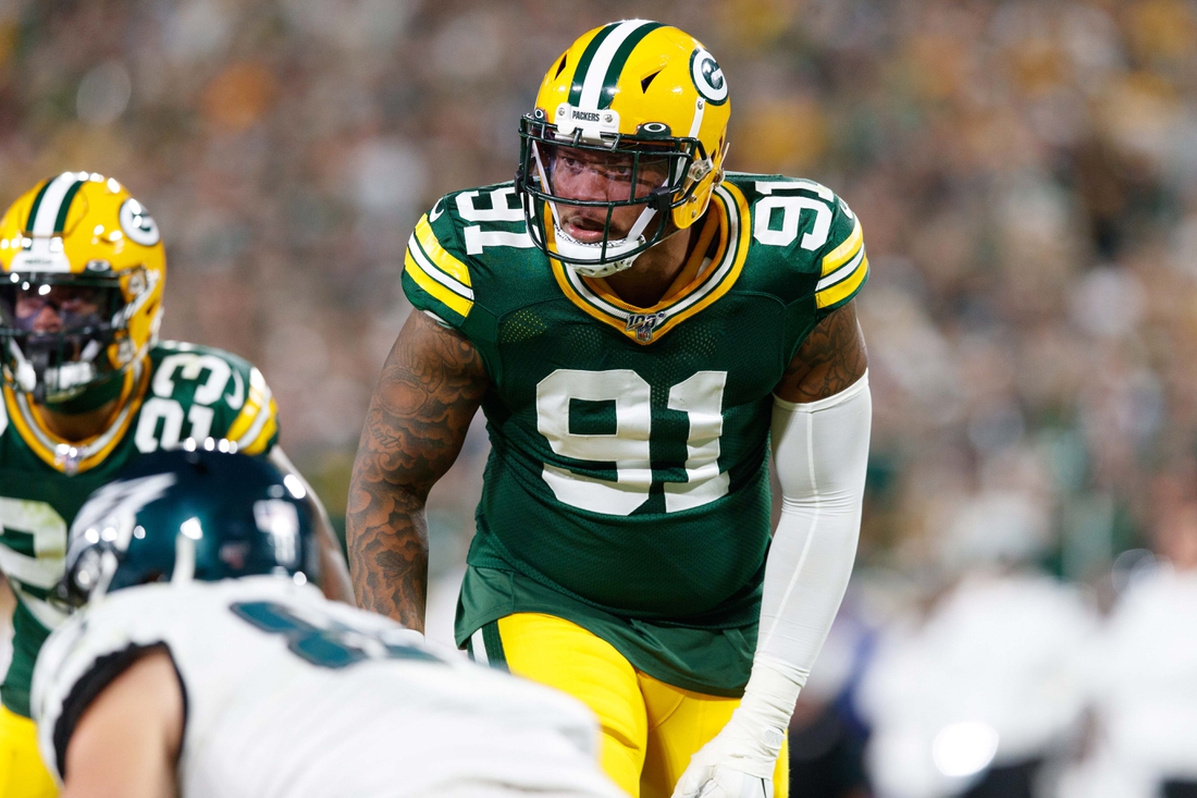 Sep 26, 2019; Green Bay, WI, USA; Green Bay Packers linebacker Preston Smith (91) during the game against the Philadelphia Eagles at Lambeau Field. Mandatory Credit: Jeff Hanisch-USA TODAY Sports