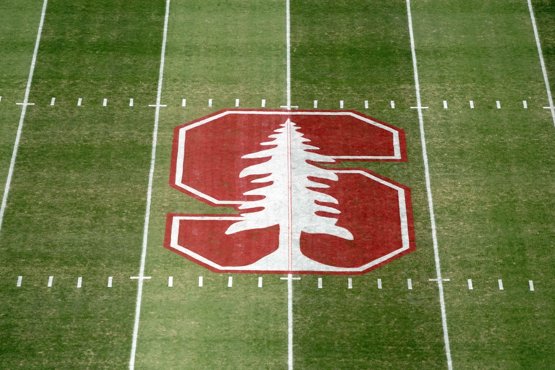Oct 17, 2019; Stanford, CA, USA; Detailed view of the Stanford Cardinal logo at midfield at Stanford Stadium. Mandatory Credit: Kirby Lee-USA TODAY Sports