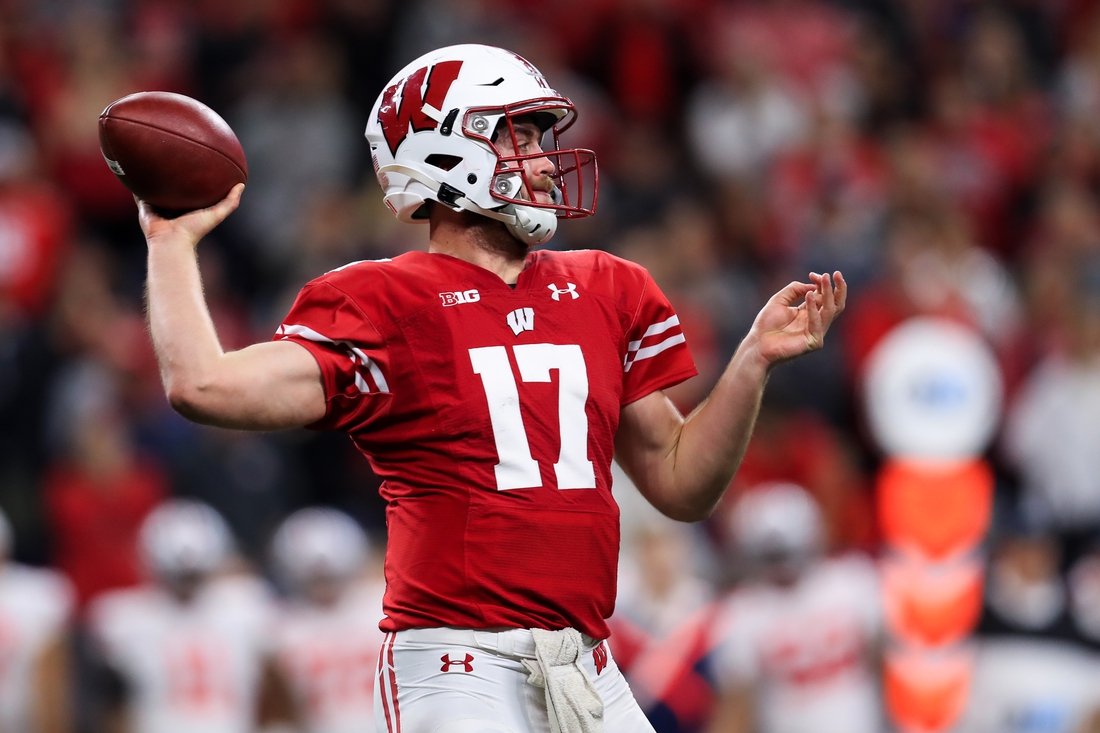 Dec 7, 2019; Indianapolis, IN, USA; Wisconsin Badgers quarterback Jack Coan (17) looks to pass against the Ohio State Buckeyes during the first half in the 2019 Big Ten Championship Game at Lucas Oil Stadium. Mandatory Credit: Aaron Doster-USA TODAY Sports