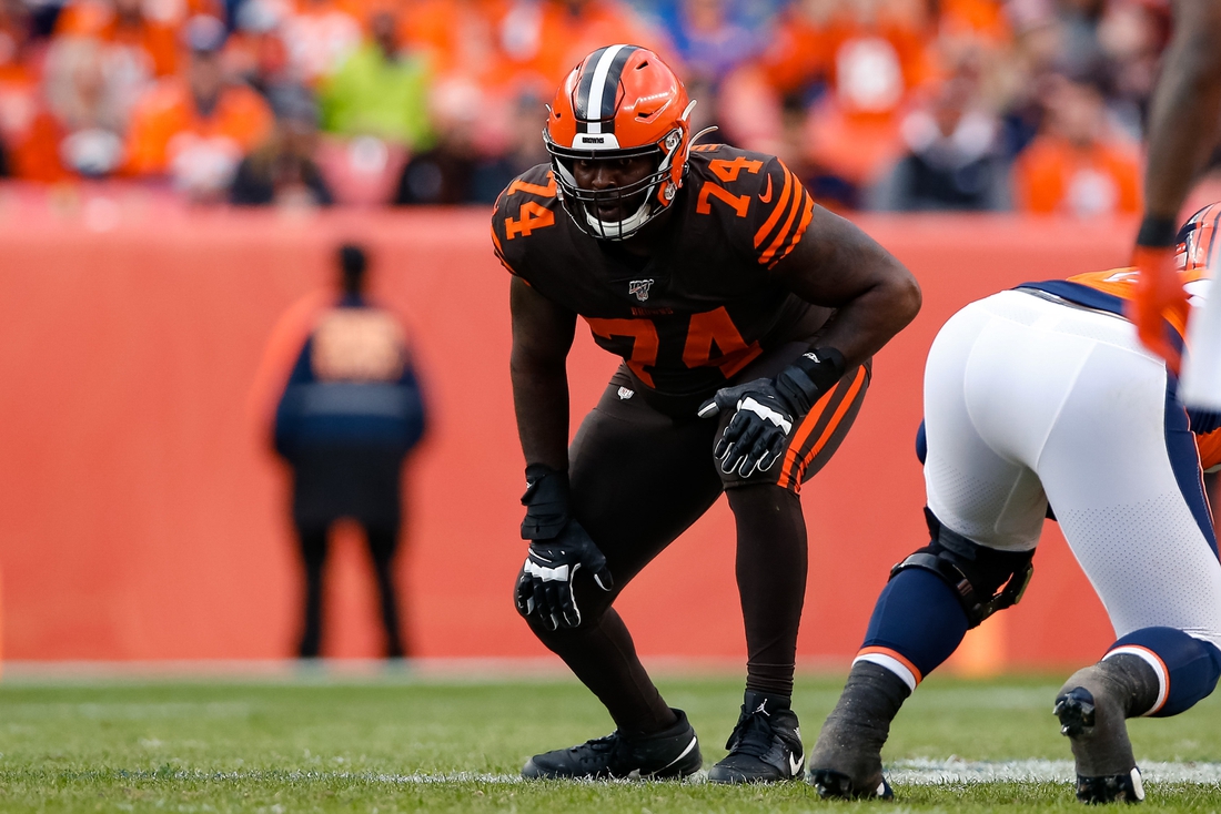 Nov 3, 2019; Denver, CO, USA; Cleveland Browns offensive tackle Chris Hubbard (74) in the second quarter against the Denver Broncos at Empower Field at Mile High. Mandatory Credit: Isaiah J. Downing-USA TODAY Sports