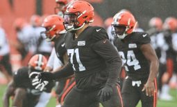 Aug 17, 2020; Berea, Ohio, USA;  Cleveland Browns offensive tackle Jedrick Wills Jr. (71) works on his footwork during training camp at the Cleveland Browns training facility. Mandatory Credit: Ken Blaze-USA TODAY Sports