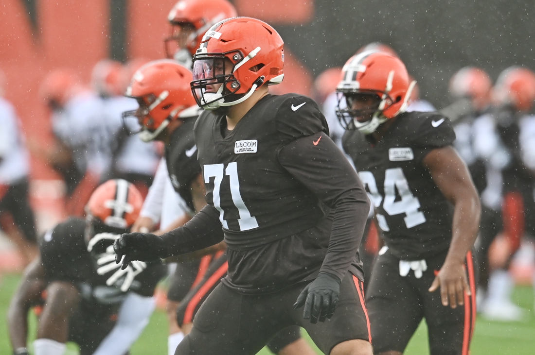 Aug 17, 2020; Berea, Ohio, USA;  Cleveland Browns offensive tackle Jedrick Wills Jr. (71) works on his footwork during training camp at the Cleveland Browns training facility. Mandatory Credit: Ken Blaze-USA TODAY Sports