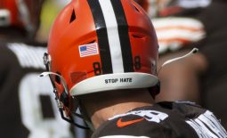 Sep 13, 2020; Baltimore, Maryland, USA;  Stop hate message on Cleveland Browns tight end Harrison Bryant (88) helmet against the Baltimore Ravens during the fourth quarter at M&T Bank Stadium. Mandatory Credit: Leah Stauffer-USA TODAY Sports