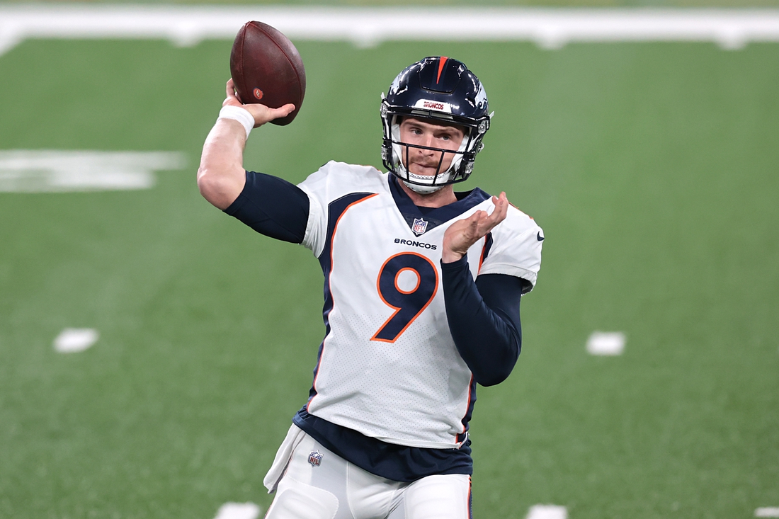Oct 1, 2020; East Rutherford, New Jersey, USA; Denver Broncos quarterback Jeff Driskel (9) throws the ball before the game against the New York Jets at MetLife Stadium. Mandatory Credit: Vincent Carchietta-USA TODAY Sports