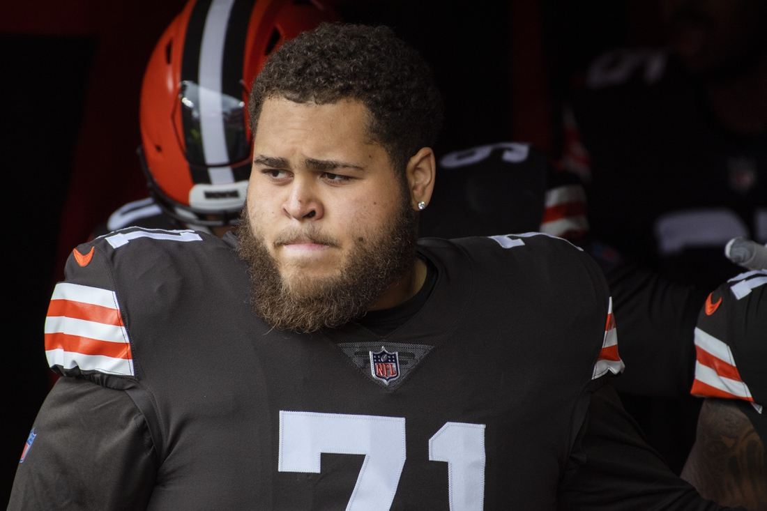 Nov 1, 2020; Cleveland, Ohio, USA; Cleveland Browns offensive tackle Jedrick Wills (71) prepares to take the field before the game between the Cleveland Browns and the Las Vegas Raiders at FirstEnergy Stadium. Mandatory Credit: Ken Blaze-USA TODAY Sports