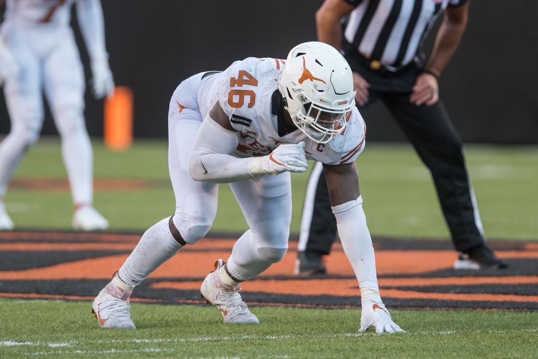 Oct 31, 2020; Stillwater, Oklahoma, USA;  Texas Longhorns linebacker Joseph Ossai (46) waits on the snap during the third quarter of the game agains the Oklahoma State Cowboys at Boone Pickens Stadium. Mandatory Credit: Texas won 41-34. Brett Rojo-USA TODAY Sports