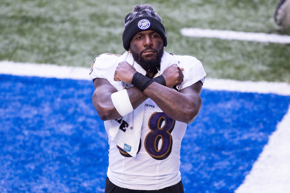 Nov 8, 2020; Indianapolis, Indiana, USA; Baltimore Ravens wide receiver Dez Bryant (88) reacts before a game against the Indianapolis Colts at Lucas Oil Stadium. Mandatory Credit: Trevor Ruszkowski-USA TODAY Sports