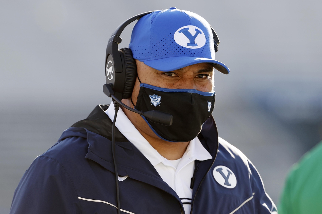 Nov 21, 2020; Provo, UT, USA; BYU head coach Kalani Sitake works the sidelines during the third quarter against  North Alabama during an NCAA college football game Saturday, Nov. 21, 2020, in Provo, Utah. Mandatory Credit: Jeff Swinger/Pool Photo-USA TODAY NETWORK