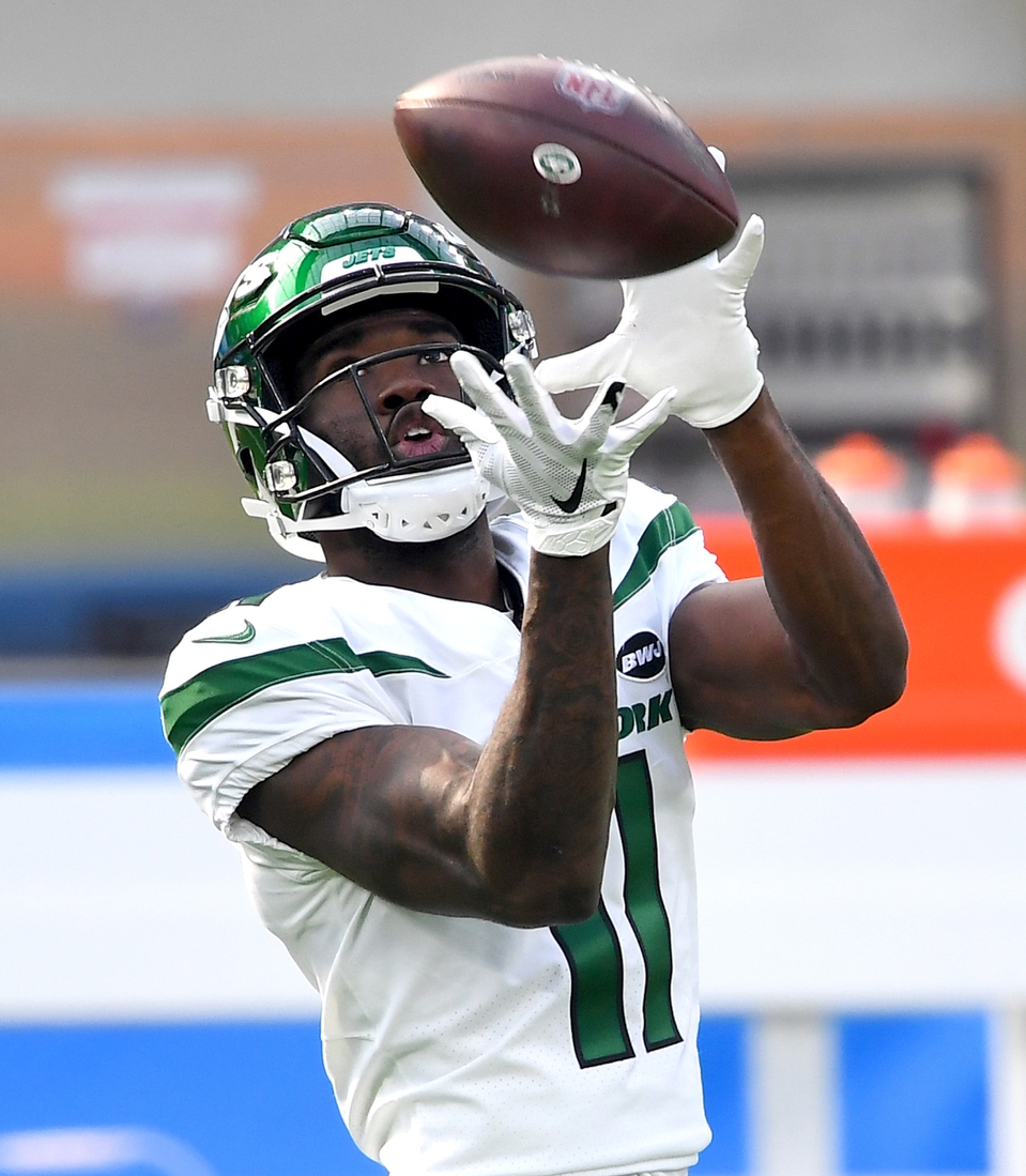 Nov 22, 2020; Inglewood, California, USA;  New York Jets wide receiver Denzel Mims (11) warms up before a game against the Los Angeles Chargers at SoFi Stadium. Mandatory Credit: Jayne Kamin-Oncea-USA TODAY Sports