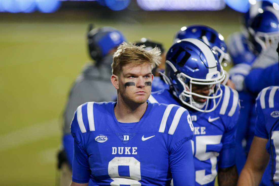 Dec 5, 2020; Durham, North Carolina, USA;  Duke Blue Devils quarterback Chase Brice (8) stands on the sidelines in the second half against the Miami Hurricanes at Wallace Wade Stadium. Mandatory Credit: Nell Redmond-USA TODAY Sports
