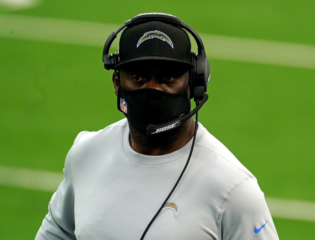 Dec 6, 2020; Inglewood, California, USA; Los Angeles Chargers head coach Anthony Lynn looks on from the sideline during the first half against the New England Patriots at SoFi Stadium. Mandatory Credit: Kirby Lee-USA TODAY Sports