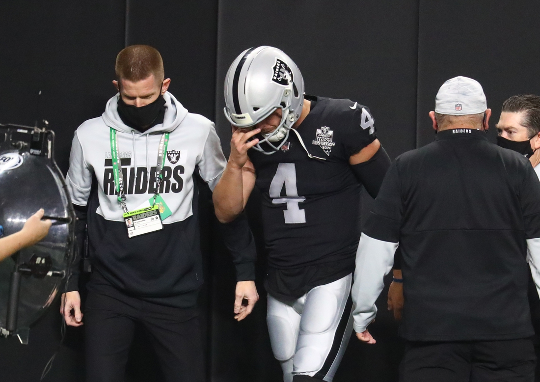 Dec 17, 2020; Paradise, Nevada, USA; Las Vegas Raiders quarterback Derek Carr (4) reacts as he heads to the locker room after suffering a groin injury against the Los Angeles Chargers during the first half at Allegiant Stadium. Mandatory Credit: Mark J. Rebilas-USA TODAY Sports