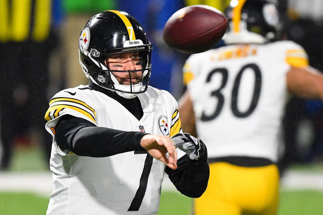 Dec 13, 2020; Orchard Park, New York, USA; Pittsburgh Steelers quarterback Ben Roethlisberger (7) passes the ball against the Buffalo Bills during the first quarter at Bills Stadium. Mandatory Credit: Rich Barnes-USA TODAY Sports
