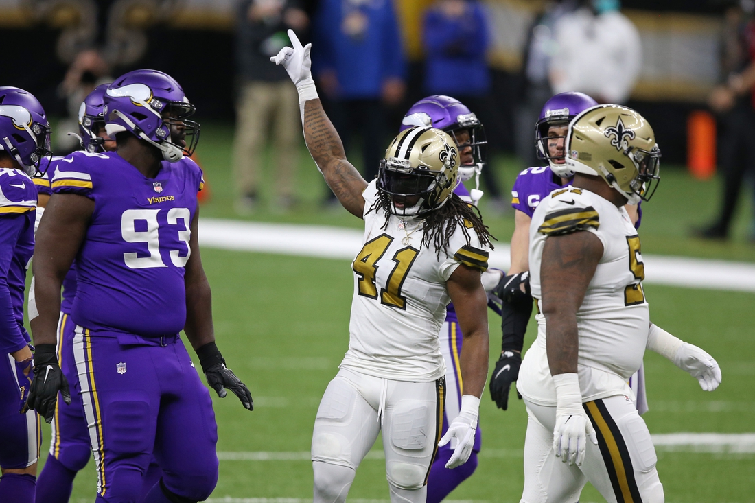 Dec 25, 2020; New Orleans, Louisiana, USA; New Orleans Saints running back Alvin Kamara (41) gestures after picking up a first down against the Minnesota Vikings in the first quarter at the Mercedes-Benz Superdome. Mandatory Credit: Chuck Cook-USA TODAY Sports