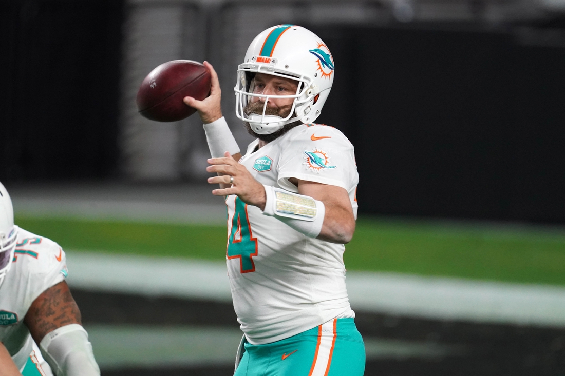 Dec 26, 2020; Paradise, Nevada, USA; Miami Dolphins quarterback Ryan Fitzpatrick (14) throws a pass in the fourth quarter against the Las Vegas Raidersat Allegiant Stadium. The Dolphins defeated the Raiders 26-25. Mandatory Credit: Kirby Lee-USA TODAY Sports