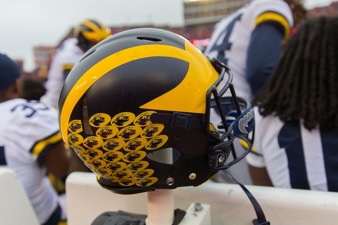 Nov 18, 2017; Madison, WI, USA; An Michigan Wolverines helmet during the game against the Wisconsin Badgers at Camp Randall Stadium. Mandatory Credit: Jeff Hanisch-USA TODAY Sports