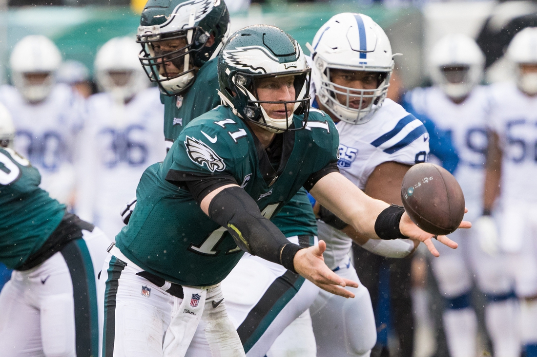 Sep 23, 2018; Philadelphia, PA, USA; Philadelphia Eagles quarterback Carson Wentz (11) in action against the Indianapolis Colts during the second quarter at Lincoln Financial Field. Mandatory Credit: Bill Streicher-USA TODAY Sports