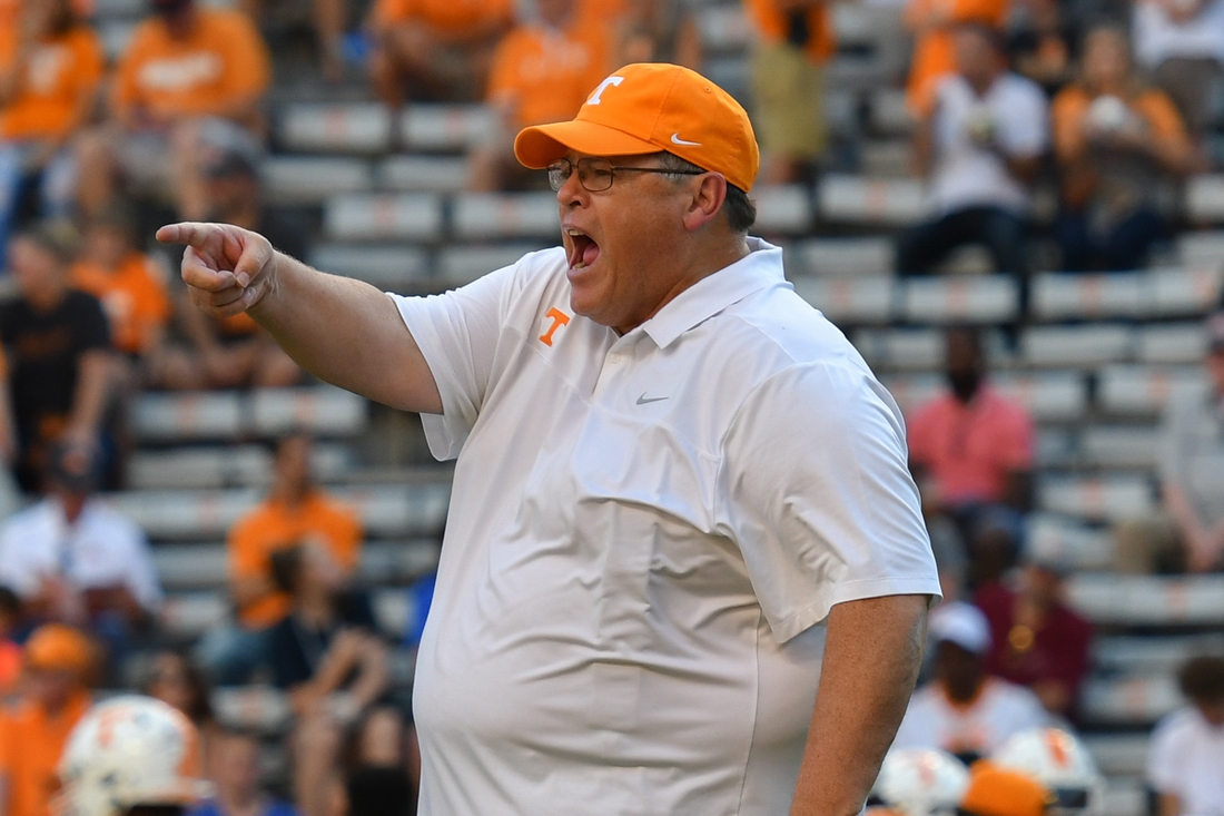 Sep 7, 2019; Knoxville, TN, USA; Tennessee Volunteers offensive coordinator Jim Chaney before the game against the Brigham Young Cougars at Neyland Stadium. Mandatory Credit: Randy Sartin-USA TODAY Sports