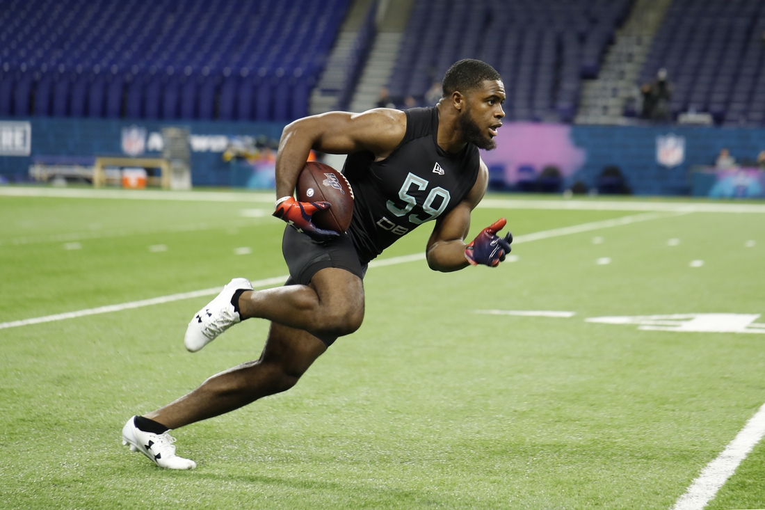 Mar 1, 2020; Indianapolis, Indiana, USA; Auburn Tigers  defensive back Daniel Thomas (DB59) goes through pass catching workout drills during the 2020 NFL Combine at Lucas Oil Stadium. Mandatory Credit: Brian Spurlock-USA TODAY Sports