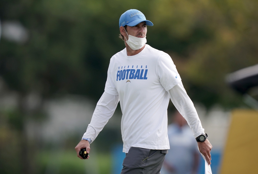 Aug 30, 2020; Los Angeles, California, United States; Los Angeles Chargers offensive coordinator Shane Steichen during training camp at the Jack Hammett Sports Complex. Mandatory Credit: Kirby Lee-USA TODAY Sports