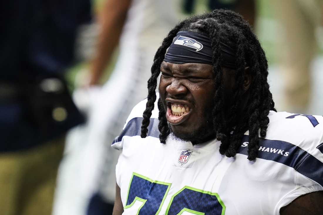 Sep 13, 2020; Atlanta, Georgia, USA; Seattle Seahawks offensive tackle Brandon Shell (72) reacts on  the sideline prior to the game against the Atlanta Falcons at Mercedes-Benz Stadium. Mandatory Credit: Dale Zanine-USA TODAY Sports