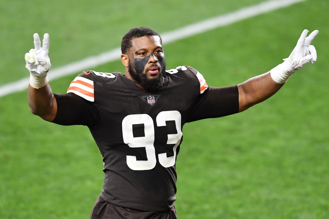 Sep 17, 2020; Cleveland, Ohio, USA; Cleveland Browns middle linebacker B.J. Goodson (93) celebrates after the Browns beat the Cincinnati Bengals at FirstEnergy Stadium. Mandatory Credit: Ken Blaze-USA TODAY Sports