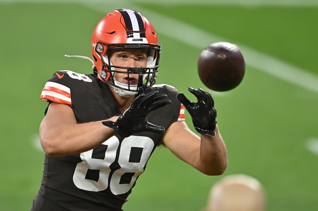 Sep 17, 2020; Cleveland, Ohio, USA; Cleveland Browns tight end Harrison Bryant (88) warms up before the game between the Cleveland Browns and the Cincinnati Bengals at FirstEnergy Stadium. Mandatory Credit: Ken Blaze-USA TODAY Sports