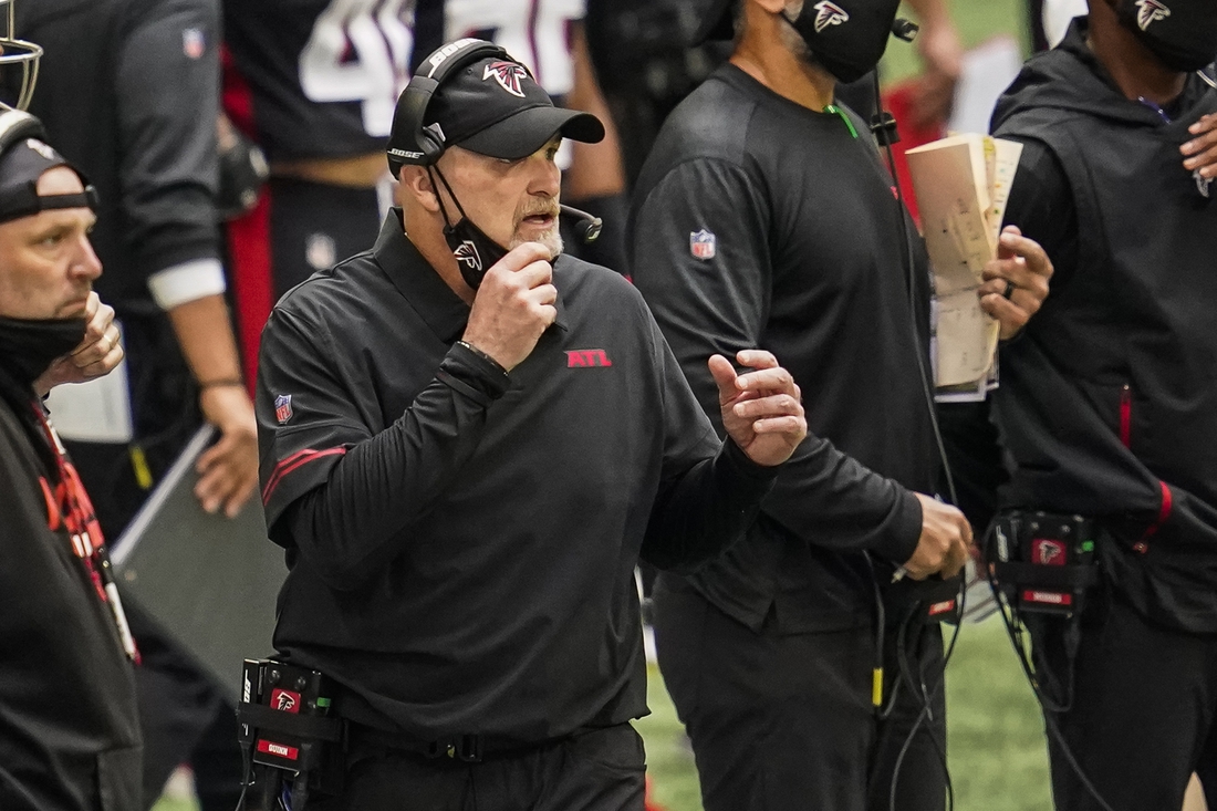 Sep 27, 2020; Atlanta, Georgia, USA; Atlanta Falcons head coach Dan Quinn shown on the sideline after an interception by the Chicago Bears during the fourth quarter at Mercedes-Benz Stadium. Mandatory Credit: Dale Zanine-USA TODAY Sports