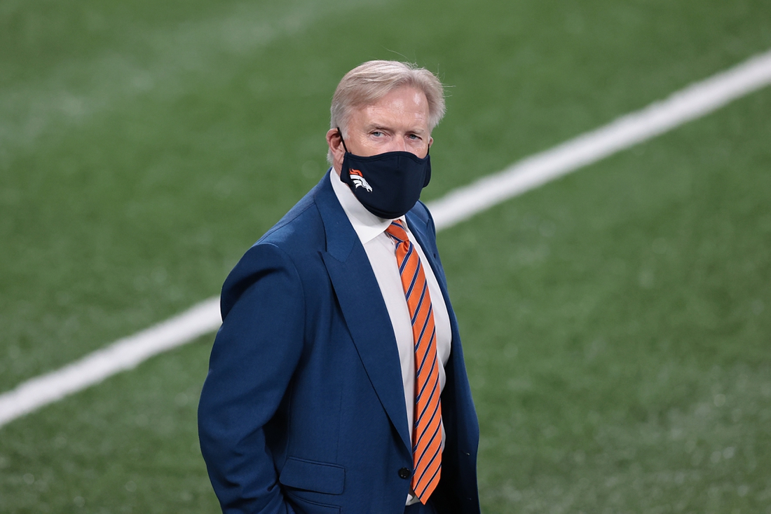 Oct 1, 2020; East Rutherford, New Jersey, USA; Denver Broncos general manager John Elway before the game against the New York Jet at MetLife Stadium. Mandatory Credit: Vincent Carchietta-USA TODAY Sports