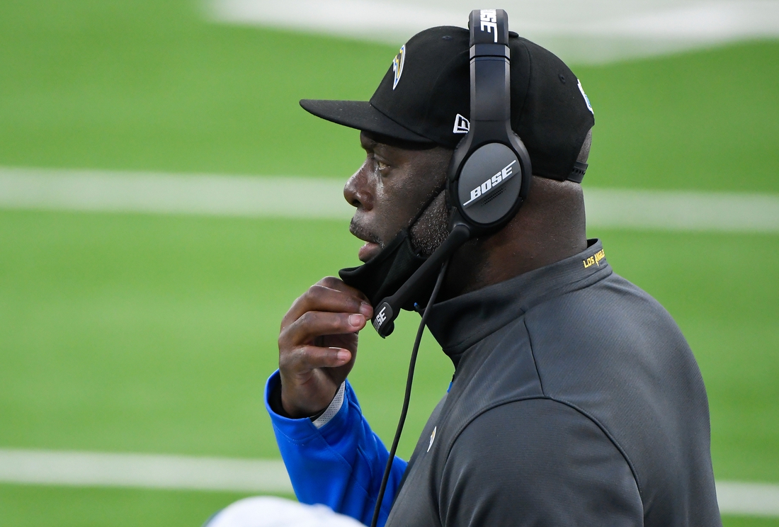 Dec 27, 2020; Inglewood, California, USA; Los Angeles Chargers head coach Anthony Lynn looks on from the sidelines against the Denver Broncos  during the fourth quarter at SoFi Stadium. Mandatory Credit: Robert Hanashiro-USA TODAY Sports
