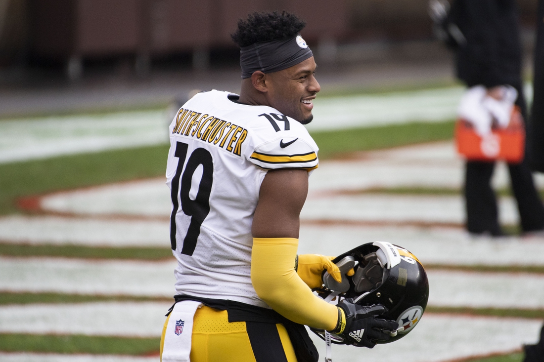 Jan 3, 2021; Cleveland, Ohio, USA; Pittsburgh Steelers wide receiver JuJu Smith-Schuster (19) before the game between the Cleveland Browns and the Pittsburgh Steelers at FirstEnergy Stadium. Mandatory Credit: Ken Blaze-USA TODAY Sports