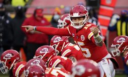 Jan 17, 2021; Kansas City, Missouri, USA; Kansas City Chiefs quarterback Patrick Mahomes (15) before the snap against the Cleveland Browns during the second half in the AFC Divisional Round playoff game at Arrowhead Stadium. Mandatory Credit: Jay Biggerstaff-USA TODAY Sports