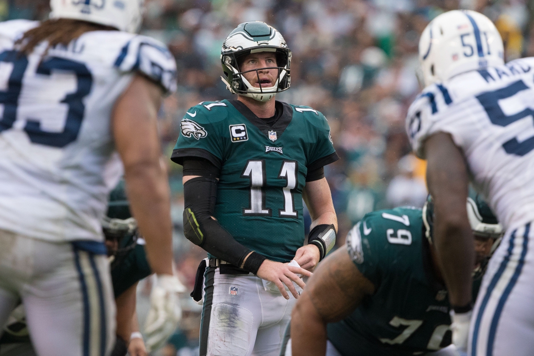 Sep 23, 2018; Philadelphia, PA, USA; Philadelphia Eagles quarterback Carson Wentz (11) during the fourth quarter against the Indianapolis Colts at Lincoln Financial Field. Mandatory Credit: Bill Streicher-USA TODAY Sports