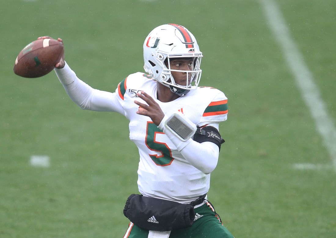 Oct 26, 2019; Pittsburgh, PA, USA;   Miami Hurricanes quarterback N'Kosi Perry (5) passes against the Pittsburgh Panthers during the third quarter at Heinz Field. Miami won 16-12. Mandatory Credit: Charles LeClaire-USA TODAY Sports