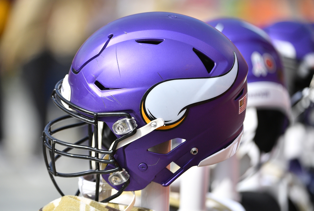 Nov 3, 2019; Kansas City, MO, USA; A general view of a Minnesota Vikings helmet during the game against the Kansas City Chiefs at Arrowhead Stadium. Mandatory Credit: Denny Medley-USA TODAY Sports