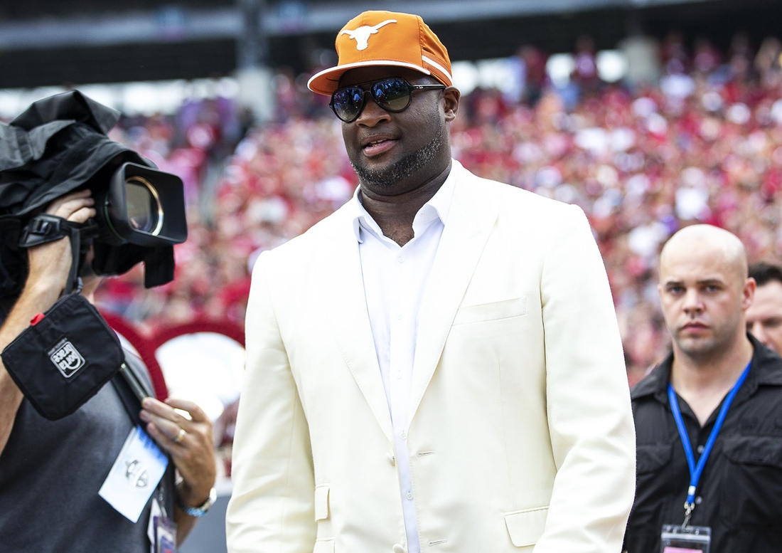 Oct 6, 2018; Dallas, TX, USA; Former Texas quarterback Vince Young enters the stadium before an NCAA college football game between Texas and Oklahoma at the Cotton Bowl in Dallas, Texas, on Saturday, Oct. 6, 2018. Mandatory Credit: Nick Wagner-USA TODAY NETWORK