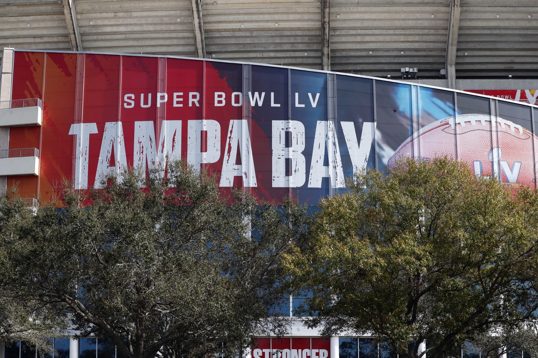 Jan 31, 2021; Tampa, Florida, USA; A general view of signage for Super Bowl LV at Raymond James Stadium  Mandatory Credit: Kim Klement-USA TODAY Sports