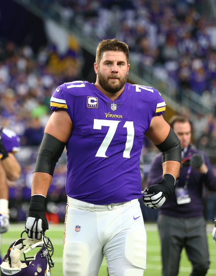 Jan 14, 2018; Minneapolis, MN, USA; Minnesota Vikings offensive tackle Riley Reiff (71) against the New Orleans Saints in the NFC Divisional Playoff football game at U.S. Bank Stadium. Mandatory Credit: Mark J. Rebilas-USA TODAY Sports