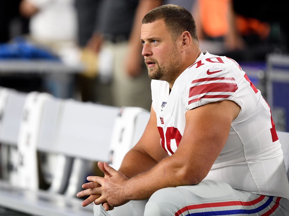 Aug 29, 2019; Foxborough, MA, USA; New York Giants offensive guard Kevin Zeitler (70) watches the game during the second half against the New England Patriots at Gillette Stadium. Mandatory Credit: Brian Fluharty-USA TODAY Sports