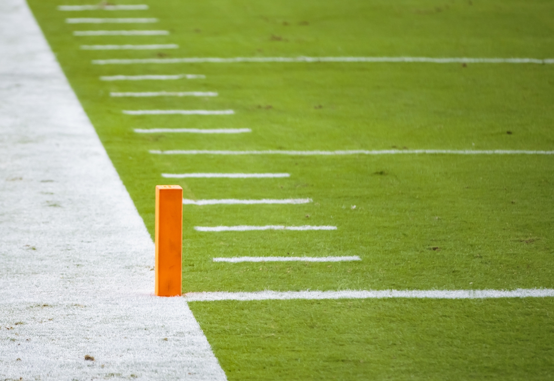 Sep 20, 2020; Glendale, Arizona, USA; General view of the goal line, yard marker hashmarks and scoring pylon in the end zone during the Arizona Cardinals game against the Washington Football Team at State Farm Stadium. Mandatory Credit: Mark J. Rebilas-USA TODAY Sports