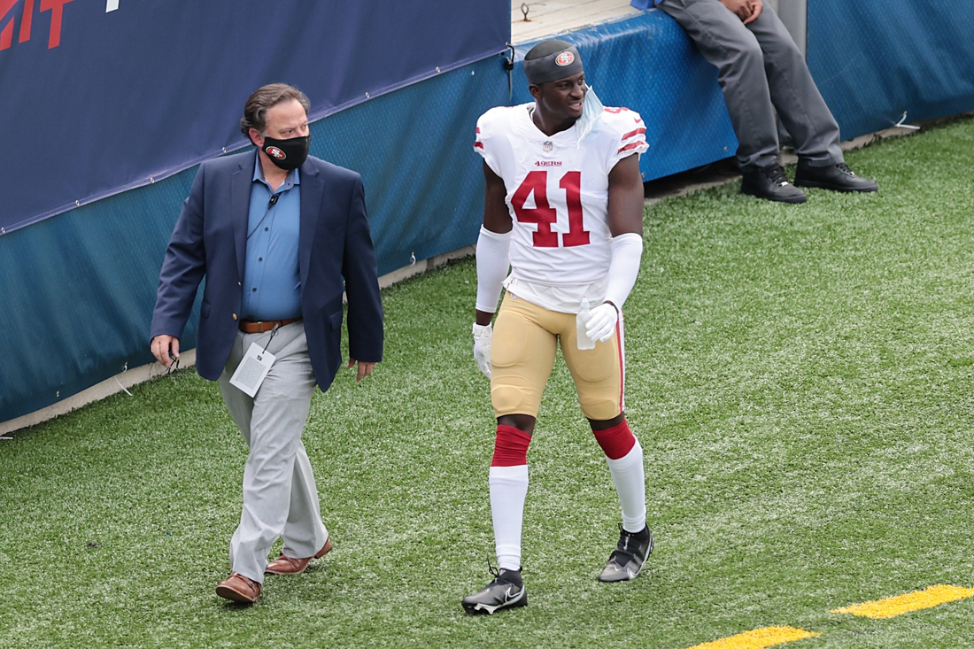 Sep 27, 2020; East Rutherford, New Jersey, USA; San Francisco 49ers cornerback Emmanuel Moseley (41) walks off the field with medical staff during the first half against the New York Giants at MetLife Stadium. Mandatory Credit: Vincent Carchietta-USA TODAY Sports