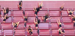 Nov 8, 2020; Landover, Maryland, USA; Members of the Washington Football Team cheerleaders dance in the stands against the New York Giants at FedExField. Mandatory Credit: Geoff Burke-USA TODAY Sports