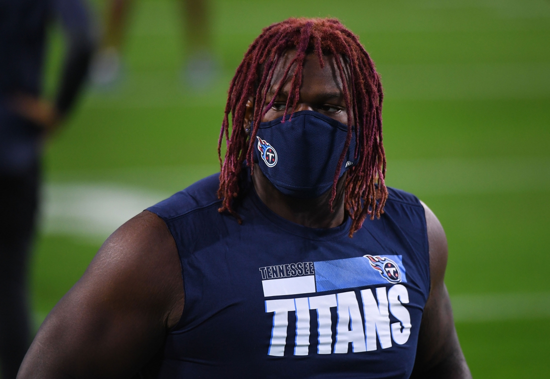 Nov 12, 2020; Nashville, Tennessee, USA; Tennessee Titans offensive tackle Isaiah Wilson (79) warms up before the game against the Indianapolis Colts at Nissan Stadium. Mandatory Credit: Christopher Hanewinckel-USA TODAY Sports