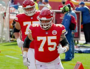 Nov 8, 2020; Kansas City, Missouri, USA; KKansas City Chiefs offensive tackle Mike Remmers (75) enters the field during warm ups before the game against the Carolina Panthers at Arrowhead Stadium. Mandatory Credit: Denny Medley-USA TODAY Sports