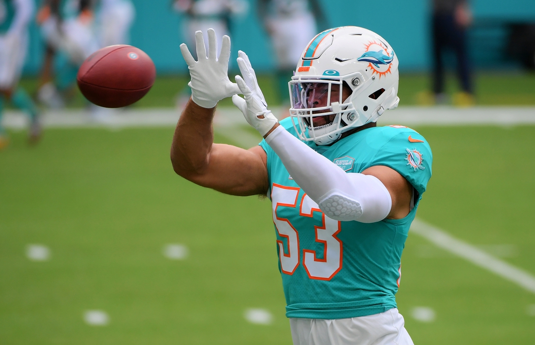 Dec 6, 2020; Miami Gardens, Florida, USA; Miami Dolphins middle linebacker Kyle Van Noy (53) warms up prior to the game against the Cincinnati Bengals at Hard Rock Stadium. Mandatory Credit: Jasen Vinlove-USA TODAY Sports