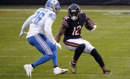 Dec 6, 2020; Chicago, Illinois, USA; Chicago Bears wide receiver Allen Robinson (12) makes a catch against Detroit Lions strong safety Duron Harmon (26) during the second quarter at Soldier Field. Mandatory Credit: Mike Dinovo-USA TODAY Sports
