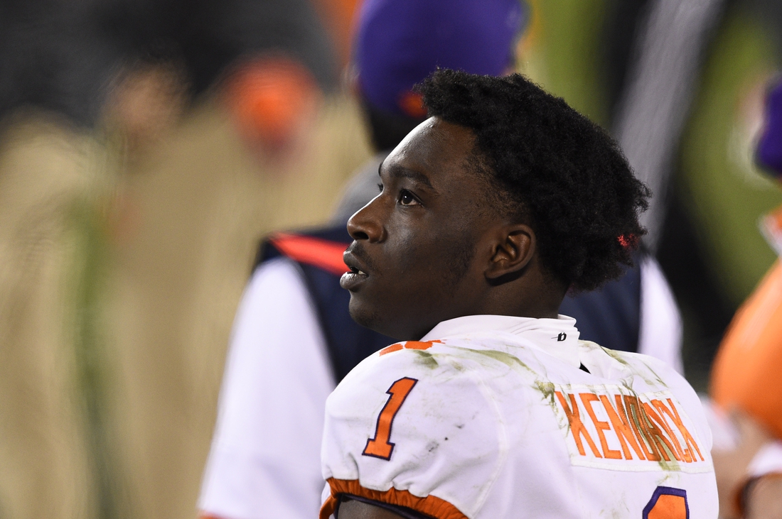 Dec 19, 2020; Charlotte, NC, USA; Clemson Tigers cornerback Derion Kendrick (1) on the sidelines in the fourth quarter at Bank of America Stadium. Mandatory Credit: Bob Donnan-USA TODAY Sports