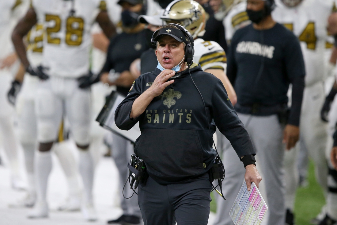 Dec 25, 2020; New Orleans, Louisiana, USA; New Orleans Saints head coach Sean Payton takes off his mask to yell to his players in the second half against the Minnesota Vikings at the Mercedes-Benz Superdome. Mandatory Credit: Chuck Cook-USA TODAY Sports