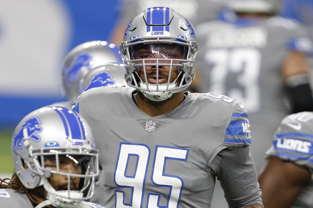 Dec 26, 2020; Detroit, Michigan, USA; Detroit Lions defensive end Romeo Okwara (95) warms up before a game against the Tampa Bay Buccaneers at Ford Field. Mandatory Credit: Raj Mehta-USA TODAY Sports