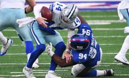 Jan 3, 2021; East Rutherford, NJ, USA; Dallas Cowboys quarterback Andy Dalton (14) is sacked by New York Giants nose tackle Dalvin Tomlinson (94) in the first half at MetLife Stadium. Mandatory Credit: Robert Deutsch-USA TODAY Sports